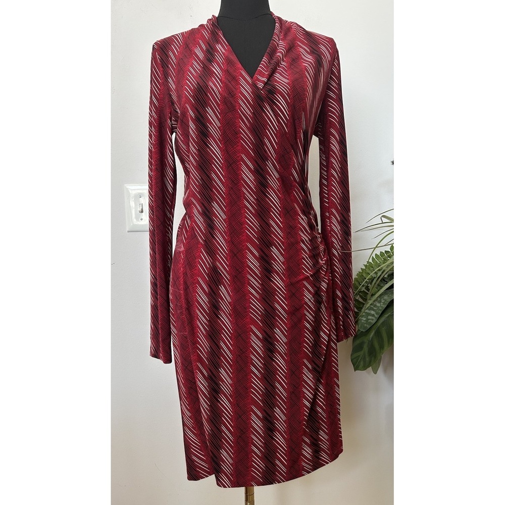 Norma Kamali Women's Faux Wrap Stretch Redβ Long Sleeve Dress Size M EUC.